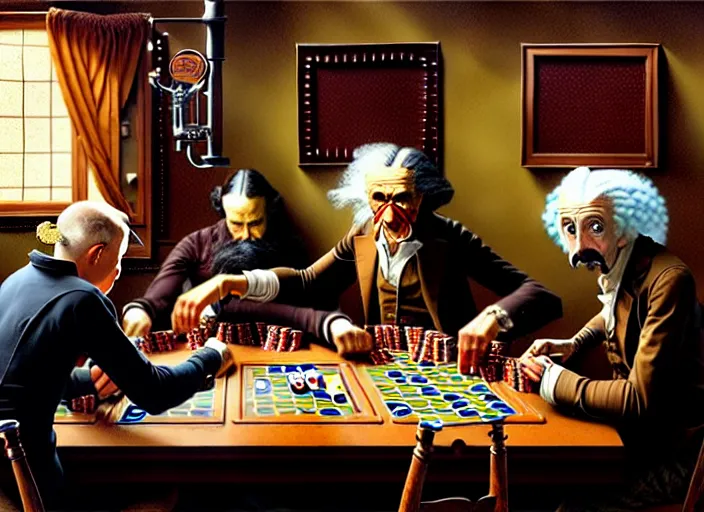 Image similar to in an old west saloon isaac newton and stephen hawkins and albert einstein playing poker, intricate, highly detailed, centered, digital painting, artstation, concept art, smooth, illustration, muted colors, art by norman rockwell and greg rutkowski and james gurney chuck close