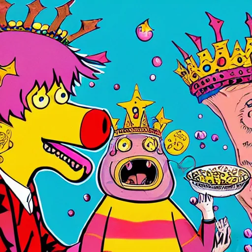 Prompt: trippy comic art of a pig wearing a gold crown eating snacks, drawn by Martin Rowson, Tim Burton, Studio Ghibli, Alex Pardee, Nekro Petros Afshar, James McDermott, colors by lisa frank, unstirred paint, vivid color, cgsociety 4K