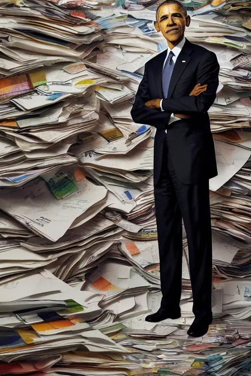 Prompt: obama standing next to a mountain of papers, oil on canvas, intricate, portrait, 8 k highly professionally detailed, hdr, cgsociety