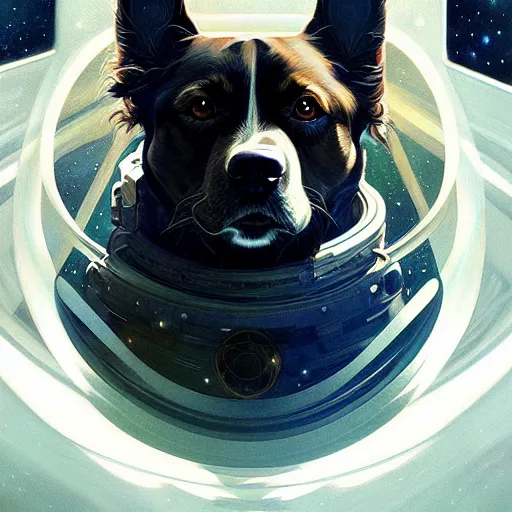 Image similar to Portrait of dog in space, dark fantasy, intricate, elegant, highly detailed, digital painting, artstation, concept art, smooth, sharp focus, illustration, art by Sam Youn and Fernanda Suarez and Artem Demura and alphonse mucha