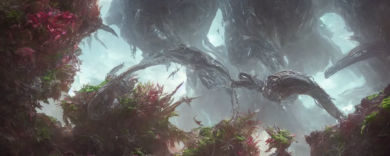 Prompt: the genesis of alien flora, made by Stanley Artgerm Lau, WLOP, Rossdraws, ArtStation, CGSociety, concept art, cgsociety, octane render, trending on artstation, artstationHD, artstationHQ, unreal engine, 4k, 8k