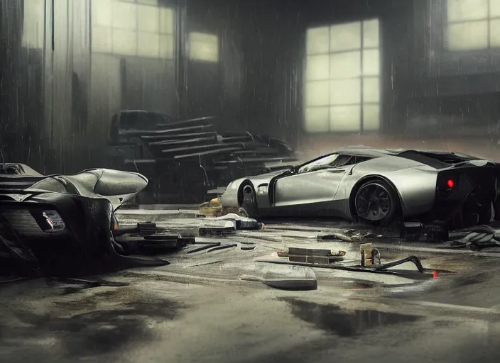 Prompt: Bladerunner 2049 scene man working on his sports car in small garage cluttered with tools parts dark atmospheric volumetric lighting grungy moody dark cinematic Roger Deakins Cinematography futuristic cyberpunk car R35 NSX R8 S14 Evo X Z06 ikuo maeda Newton Thomas Sigel bladerunner 2049 screen cap still