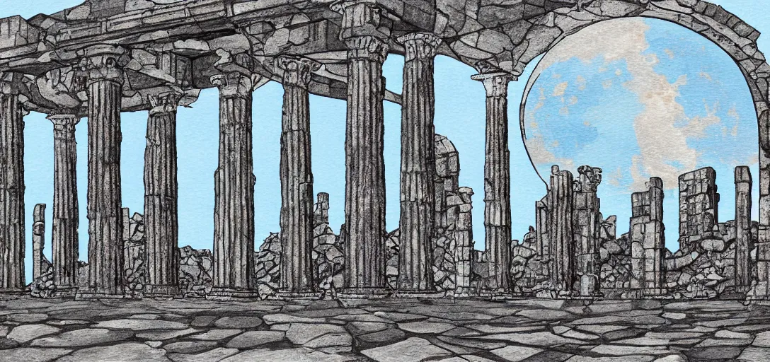 Image similar to The ruins of the Silver Millennium on the moon from Sailor Moon, digital painting, Earth in the distance, Greek-esque columns and ruins