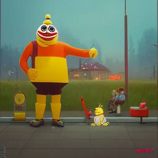 Prompt: pepe as macdonalds worker by simon stalenhag