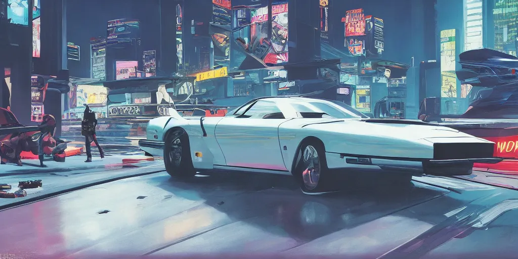 Prompt: art style by Ben Aronson and Edward Hopper and Syd Mead, wide shot view of the Cyberpunk 2077, on ground level. full view of the hybrid design any two cars from 1980's, with wide body kit modification and dark pearlescent holographic paint.