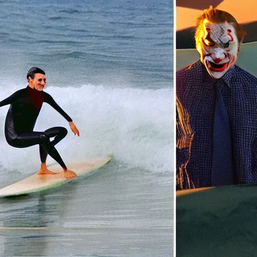 Image similar to surfing bill gates as mr. bean as the joker from batman, surfing still from batman vs bean at the beach, 2 0 2 0