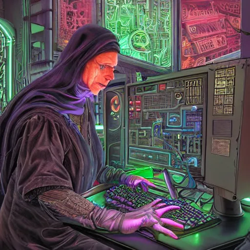 Prompt: cyberpunk goth old woman cyborg working on cyberpunk computer in cyberpunk farmers market by william barlowe and pascal blanche and tom bagshaw and elsa beskow and enki bilal and franklin booth, neon rainbow vivid colors smooth, liquid, curves, very fine high detail 3 5 mm lens photo 8 k resolution