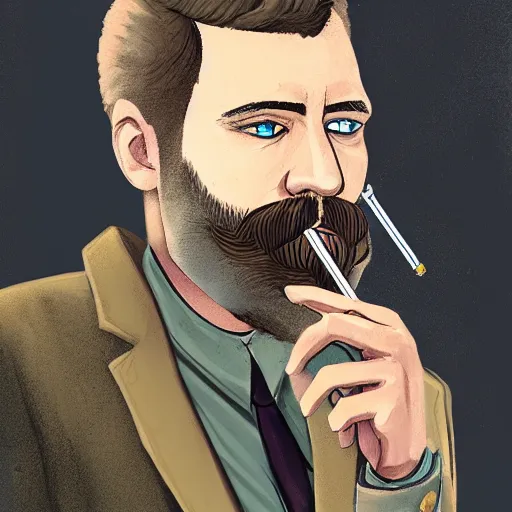 Image similar to Disco Elysium portrait of a man with a beard, he is smoking a cigarette