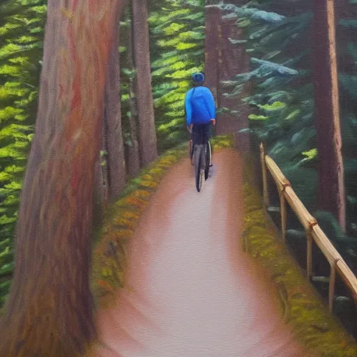Image similar to man biking up a steep forest hill with a deep blue sweater. sweaty. Oil painting. Emotional. Steep. Trees.