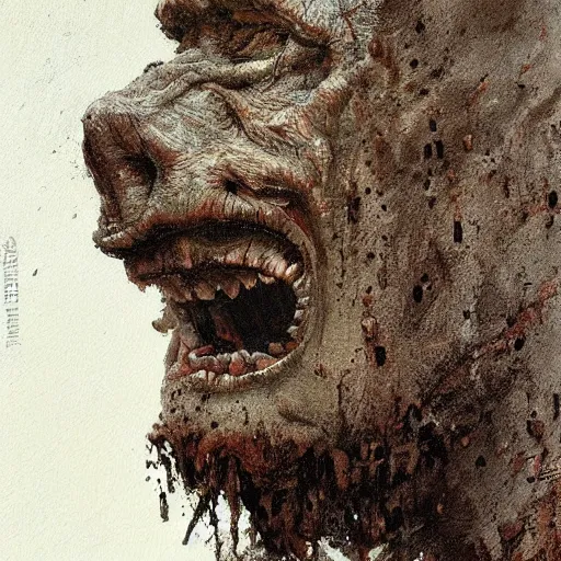 Image similar to painting by jakub rozalski of a muddy rooted humanoid creature with a big hole in the head. half body closeup