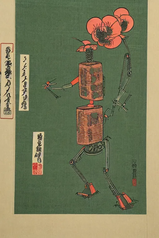 Prompt: Japanese woodblock print of a garden robot