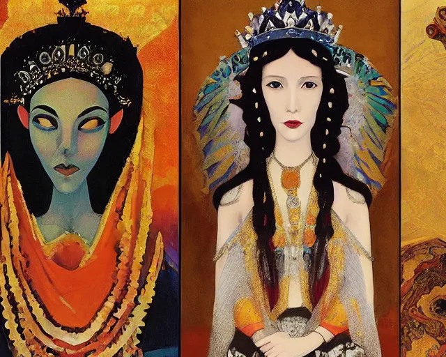 Image similar to a queen wearing a dress and a crown, and a veil on a stone throne by nicholas roerich, by gustave moreau, by james hawe, by yoshitaka amano, by georgia o keeffe, oil painting