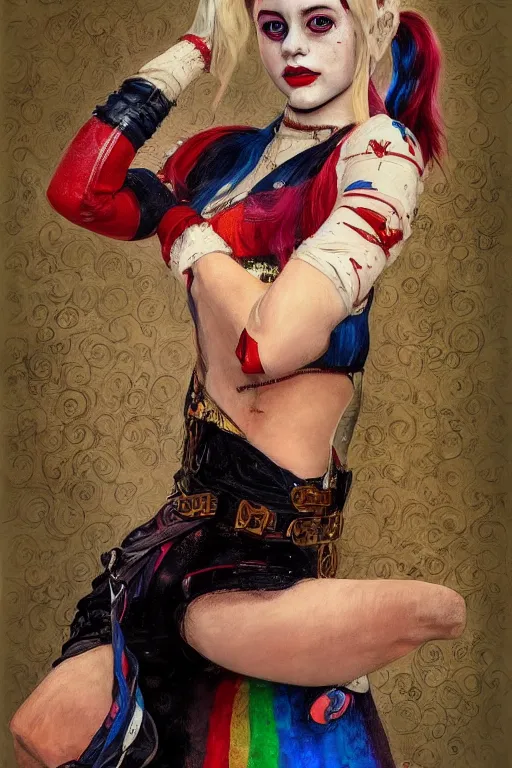 Prompt: portrait of beautiful young Harley Quinn maiden, highly detailed, artstation, illustration, art by Gustav Klimt