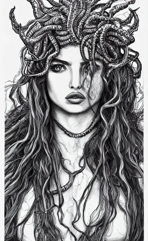 Image similar to ana de armas as medusa from greek mythology, ink drawing, hyperdetailed, 8 k realistic, trending on artstation, by alphonso dunn