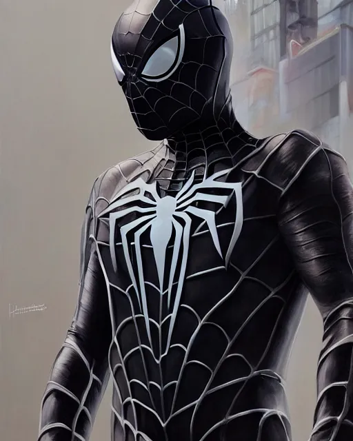 Prompt: hybrid of a stealth suit and spider - man, photorealistic oil painting, hyperdetailed, realistic