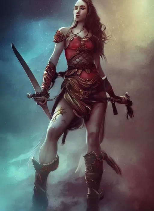 Prompt: hyper realistic photography, warrior girl with sword in her hand, full body, rule of thirds, human proportion, good anatomy, beautiful face, conceptart, saturated colors, cinematic, artstation, pinterest, cgsociety