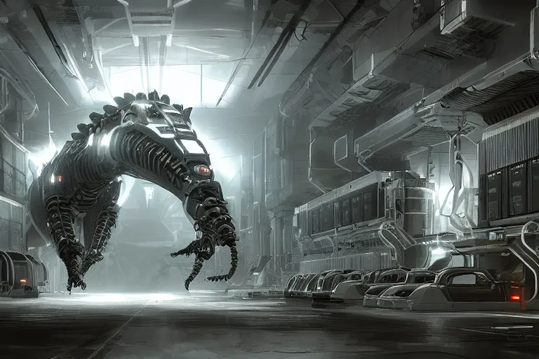 Image similar to robosaurus parallax datacenter server room interior single mono colossus white rusty robot sitting artstation cinematic detailed concept art volumetric light sharp coherent cgsociety symmetric perfect well balanced shadows lotr servers