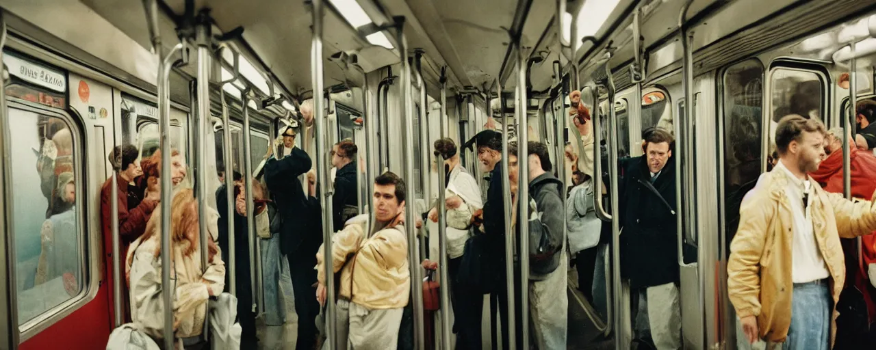 Prompt: people getting on a subway train with doors made of spaghetti, canon 5 0 mm, cinematic lighting, photography, retro, film, kodachrome