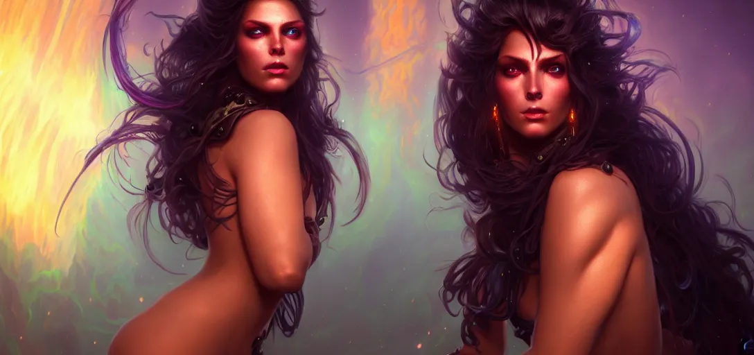 Image similar to epic fantasy render portrait of a beautiful bioluminescent woman with glowing eyes, dark retrowave, highly detailed, digital painting, cinematic, hyperrealism, rpg portrait, dynamic lighting, art by boris vallejo and stefan kostic and magali villeneuve and alphonse mucha, artstation, octane render, cgsociety