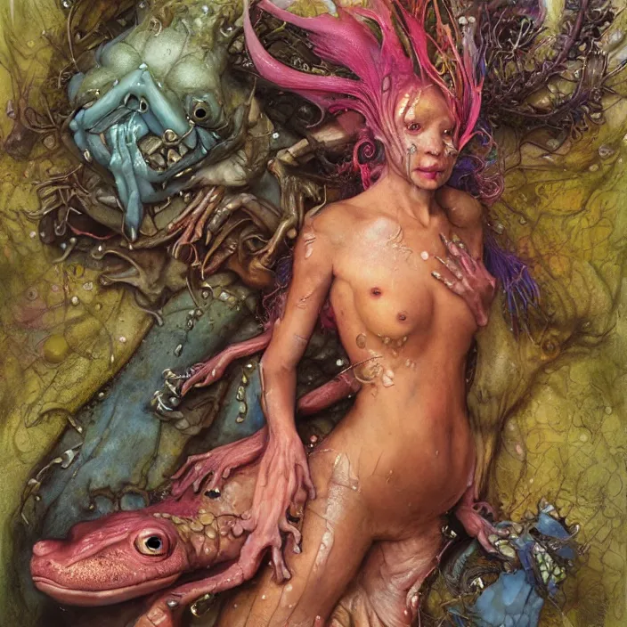 Prompt: a portrait photograph of a beautiful brightly colored amphibian female with wet mutated skin. she wearing a tactical suit and has many body modifications. by tom bagshaw, donato giancola, hans holbein, walton ford, gaston bussiere, brian froud, peter mohrbacher and magali villeneuve. 8 k, fashion editorial, cgsociety