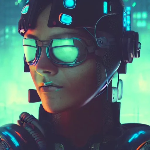 Image similar to cyberpunk concept cool warrior girl bot, cinema 4 d, galaxy, ufo, space sci - fi, wearing vr goggles, illustration, portrait, pastel neon textured background night, trending on artstation, greg rutkowski, octane rendered, 1 2 k, detailed,