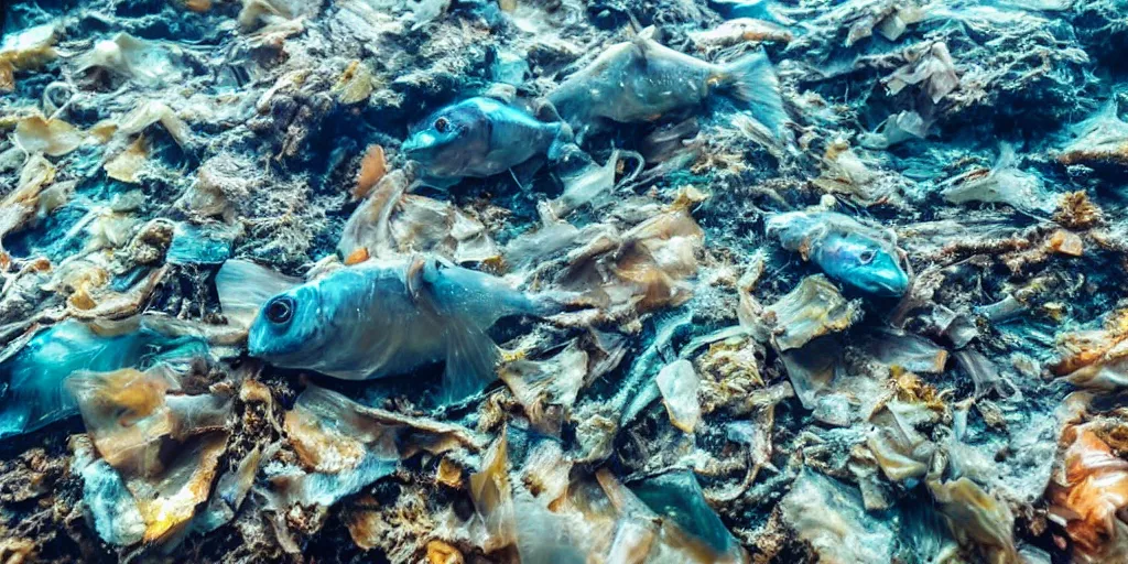 Image similar to fish covered in plastic underwater in the ocean in an eerie feeling and looking dystopian, the sunlight is in rays through the water