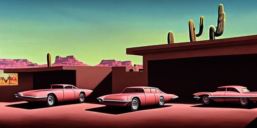 Image similar to a cinematic matte painting of a sleek 1 9 6 0 s vaporwave retro - futurism sci - fi car in a cluttered garage in the american southwest. cactus. by eric lafforgue, glennray tutor and edward hopper, greg rutkowski. trending on artstation.