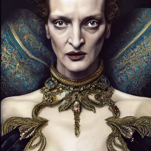 Prompt: Uma Thurman wearing epic haute couture by Alexander McQueen, extremely beautiful and proportionate face, in the aesthetic of mert and marcus, masterpiece, intricate, elegant wardrobe, highly detailed, digital painting, artstation, concept art, smooth, sharp focus, illustration, art by artgerm and james jean and greg rutkowski and alphonse mucha