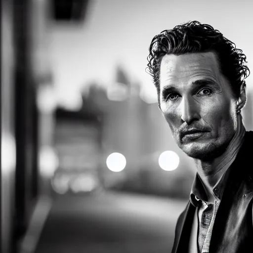 Image similar to a still of Mathew McConaughey. Close up. Shallow depth of field. City at night in background, lights, colors ,studio lighting, mood, 4K. Profession photography