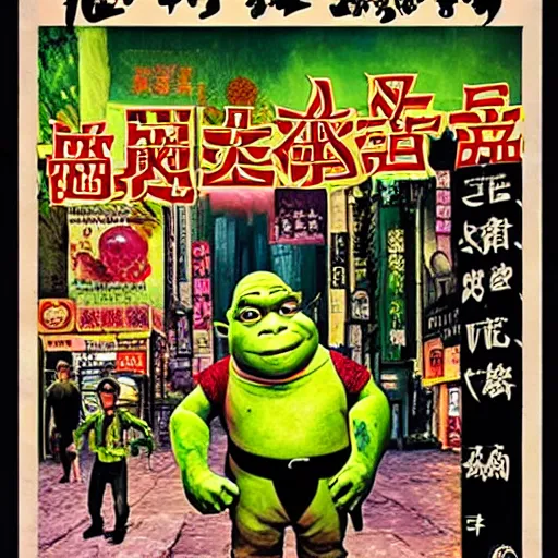 Image similar to glossy old advertising poster, shrek walking through crowded hong kong street, vendors, zombies, horror, drawn comic by junji ito, pastels, gradient