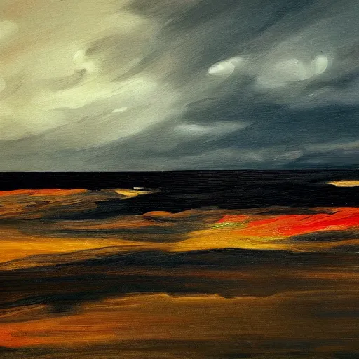 Prompt: sunny day, the sky is white - gray, underlying sense of dread, stormy clouds teeming on the horizon, warm saturated palette, dreary atmosphere, moody, vivid, striking, flat colors, high contrast, masterpiece landscape painting, modern art