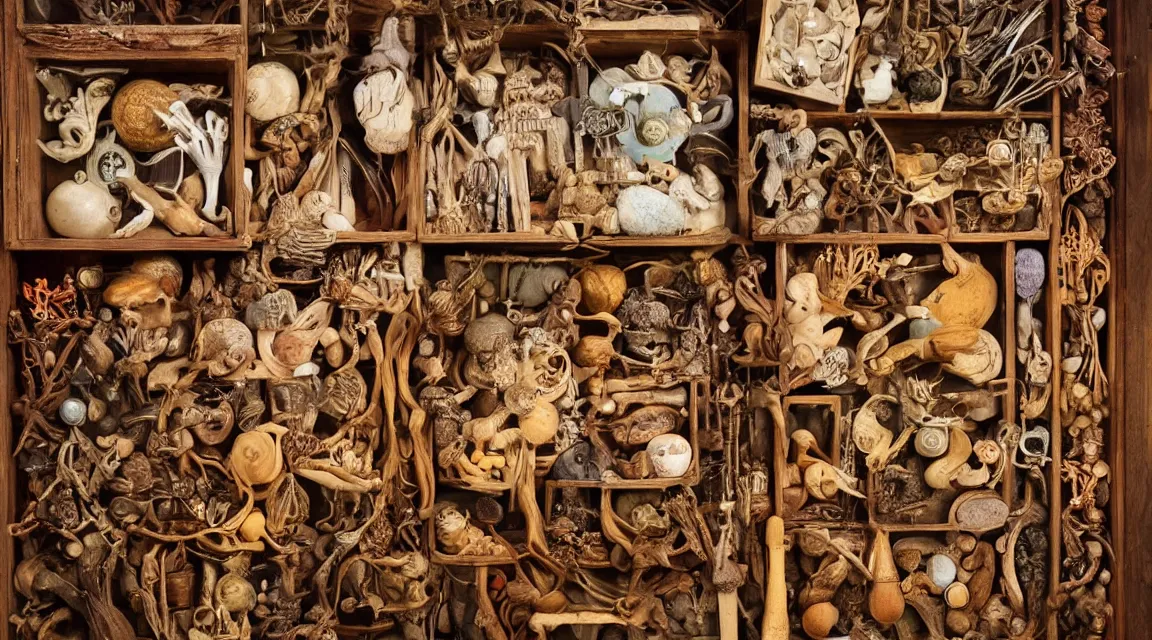 Prompt: wooden box with cabinet of curiosities filled with strange natural artifacts and wonders of the world, photorealistic, profesional photo, by Steve McCurry