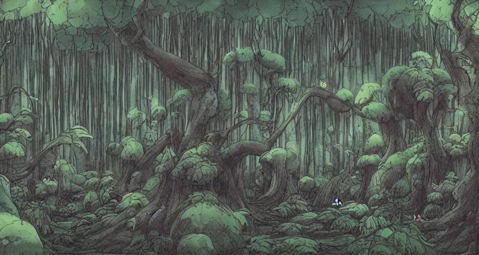 Image similar to A dense and dark enchanted forest with a swamp, by Studio Ghibli