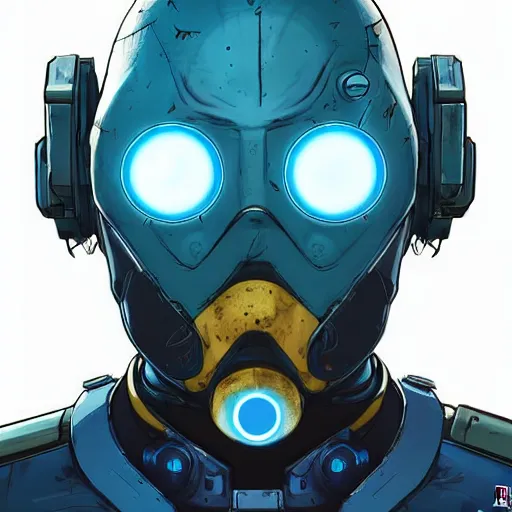 Image similar to cell shaded portrait of a cybernetic blue bald soldier with glowing blue eyes as Borderlands 3 concept art, llustration, post grunge, concept art by josan gonzales and wlop, by james jean, Victo ngai, David Rubín, Mike Mignola, Laurie Greasley, highly detailed, sharp focus,alien,Trending on Artstation, HQ, deviantart, art by artgem