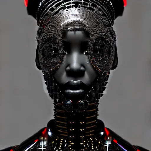 Prompt: portrait of an absurdly beautiful, graceful, sophisticated, fashionable black cyberpunk mechanoid gravure idol, hyperdetailed illustration by irakli nadar, adut akech, matt wisniewski style, intricate linework, dark black porcelain skin, jellyfish headdress, unreal engine 5 highly rendered, global illumination, red light, detailed and intricate environment