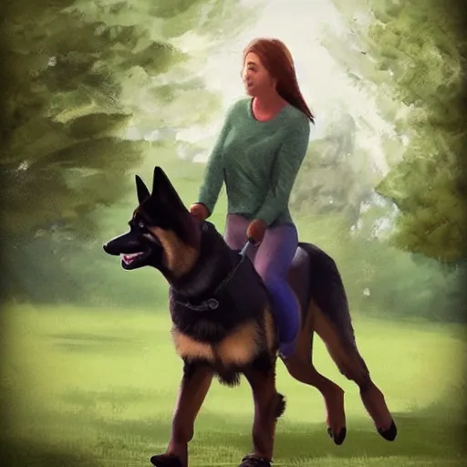 Prompt: girl riding a giant German shepherd in the park, trending on artstation