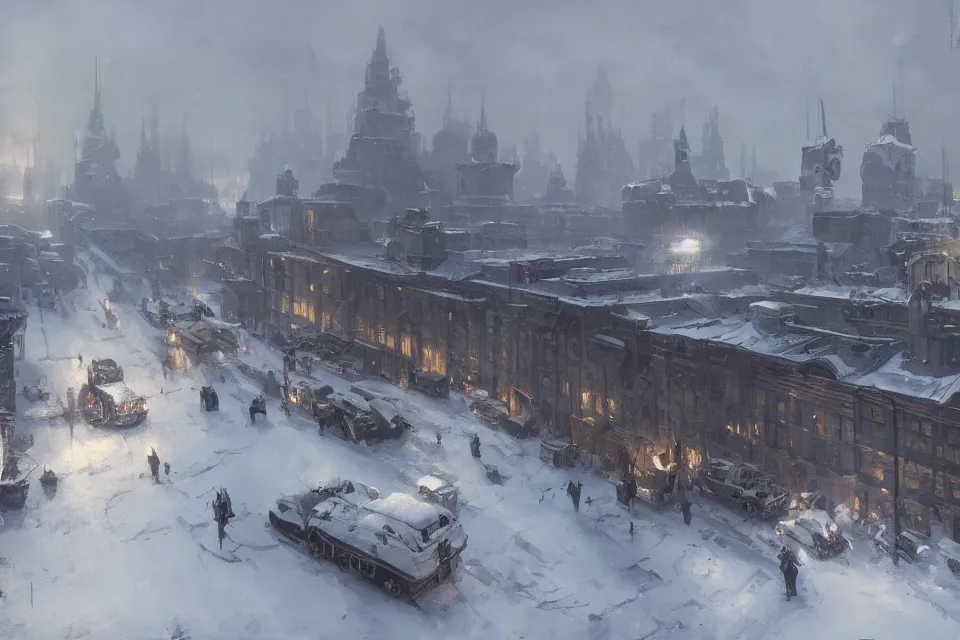 Image similar to highly detailed painting of dieselpunk stockholm, winter, snow, dystopia, by greg rutkowski, 4 k resolution, trending on artstation