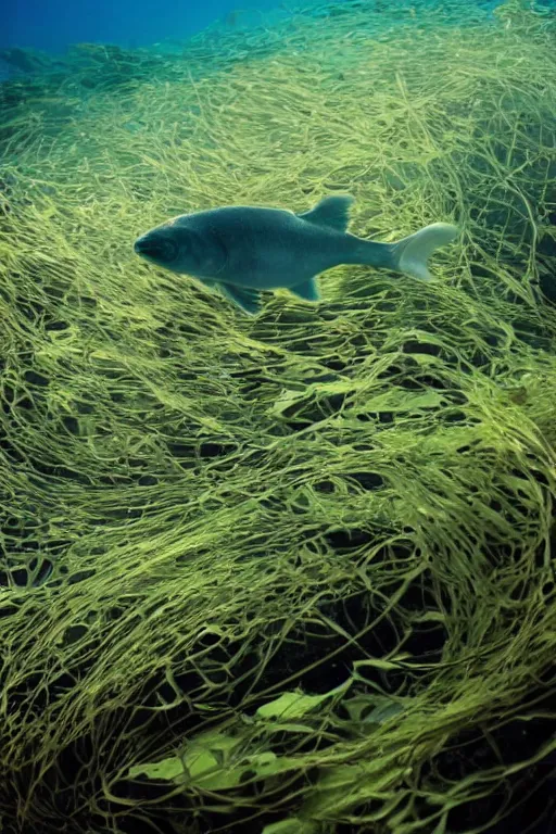 Image similar to beautiful photo of an atlantic cod swimming amongst kelp underwater in clear water sunset moody lighting