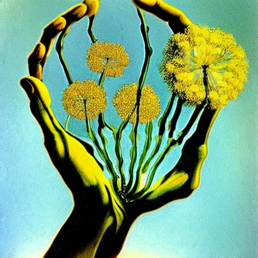 Image similar to a hand with dandelions growing out of it, by salvador dali