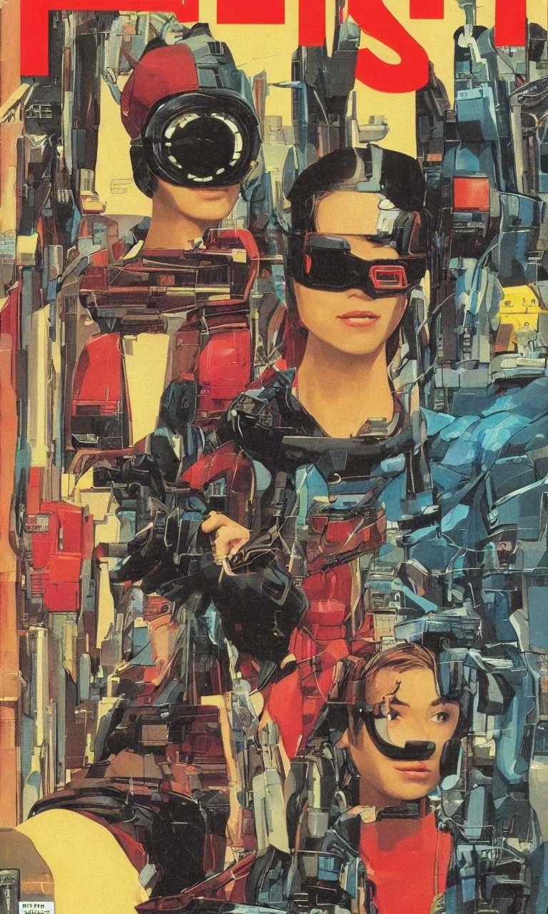 Prompt: 1979 OMNI Magazine Cover depicting a portrait of a Beautiful woman wearing AR goggles in a grocery store. Cyberpunk Akira style by Vincent Di Fate