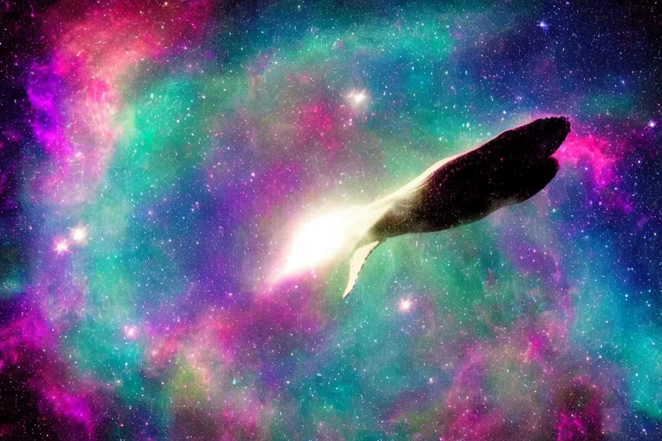 Image similar to a beautiful huge humpback whale blowing stardust while swimming through a colorful nebula in space