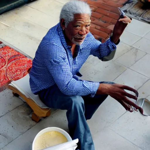 Prompt: Morgan Freeman eating a bowl of rice