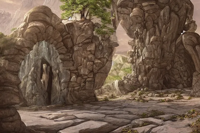 Image similar to decorated Entrance to the boss lair, carved in a rock, megalithic spructure, epic proportions, location, matte painting, by thomas scholes