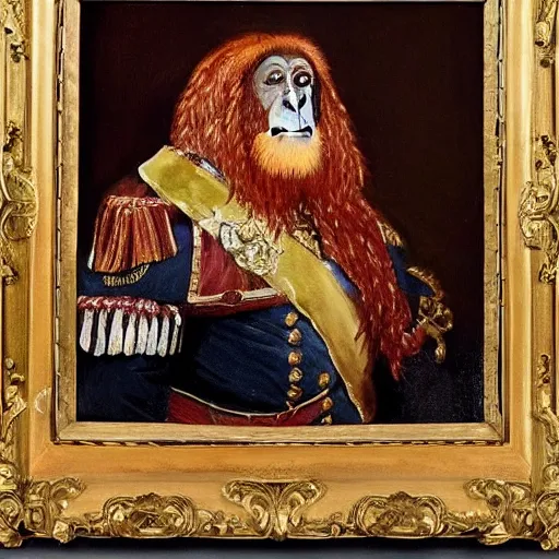 Prompt: An exquisite oil painting of a orangutan dressed like a bearded Napoleon with full military uniform, no frames