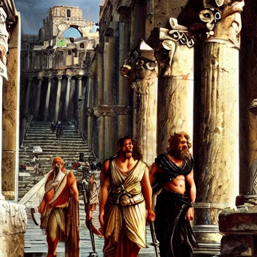 Image similar to greek gods walking around in ancient constantinople, oil on canvas, trending on artstation, cinematic composition, insanely detailed, hd