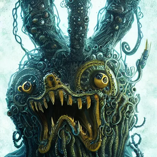 Image similar to portrait of SpongeBob as a large Lovecraftian monster, fantasy, intricate, elegant, highly detailed, digital painting, artstation, concept art, smooth, sharp focus, illustration, art by artgerm and greg rutkowski