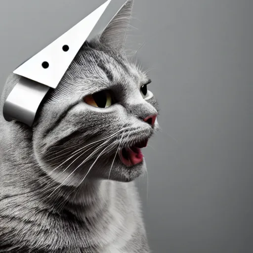 Image similar to cat conspiracy theorist, wearing tin foil hat