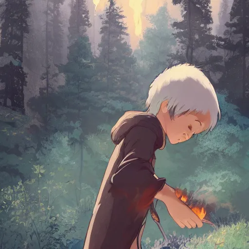 Image similar to a child with grey skin with blues and short brown hair, holding fire in hands, forest background, highly detailed, digital painting, artstation, matte, by makoto shinkai, animation style, studio ghibli, anime key visual