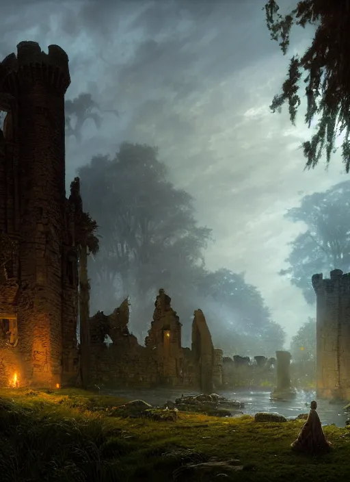 Image similar to the cursed ruins of a medieval castle, mist, sunrays, raining, fog, dust in the air, dnd character, unreal engine, octane render, dramatic lighting, pond, digital art, by stanley artgerm lau, greg rutkowski, thomas kindkade, alphonse mucha, loish, norman rockwell,