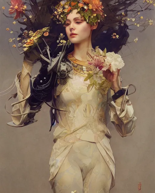 Image similar to 4k cinematic full view elegant robot wearing floral floaty attire by Ruan Jia by Greg Rutkowski, by J. C. Leyendecker and Edmund Blair Leighton and Charlie Bowater, art nouveau style, detailed and realistic, poetic and symbolic, Artstation